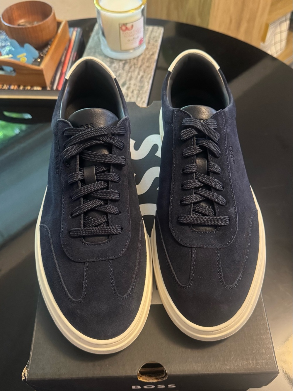 Hugo Boss Navy Suede Low-Top Sneakers with Cream Sole